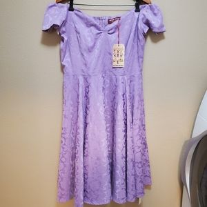 British Retro Lavender Brocade Off the Shoulder Dress